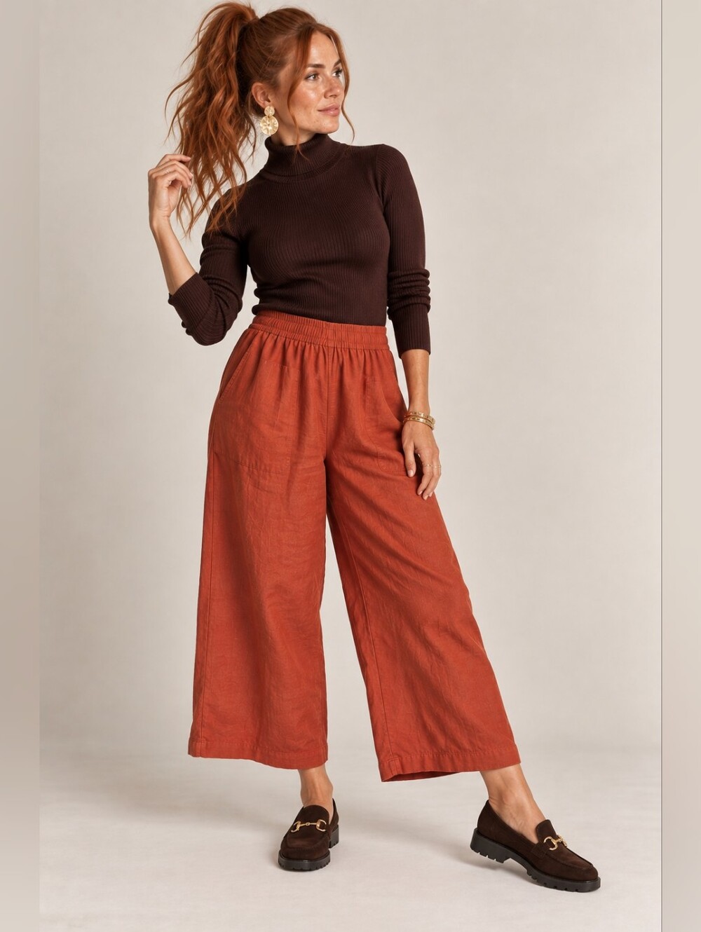 Tahari 100% Linen Burnt Orange Wide Leg Pull-On Pants Size M
